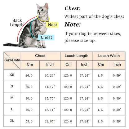 adjustable cat and small dog harness and leash set size chart with chest measurements and leash length guide
