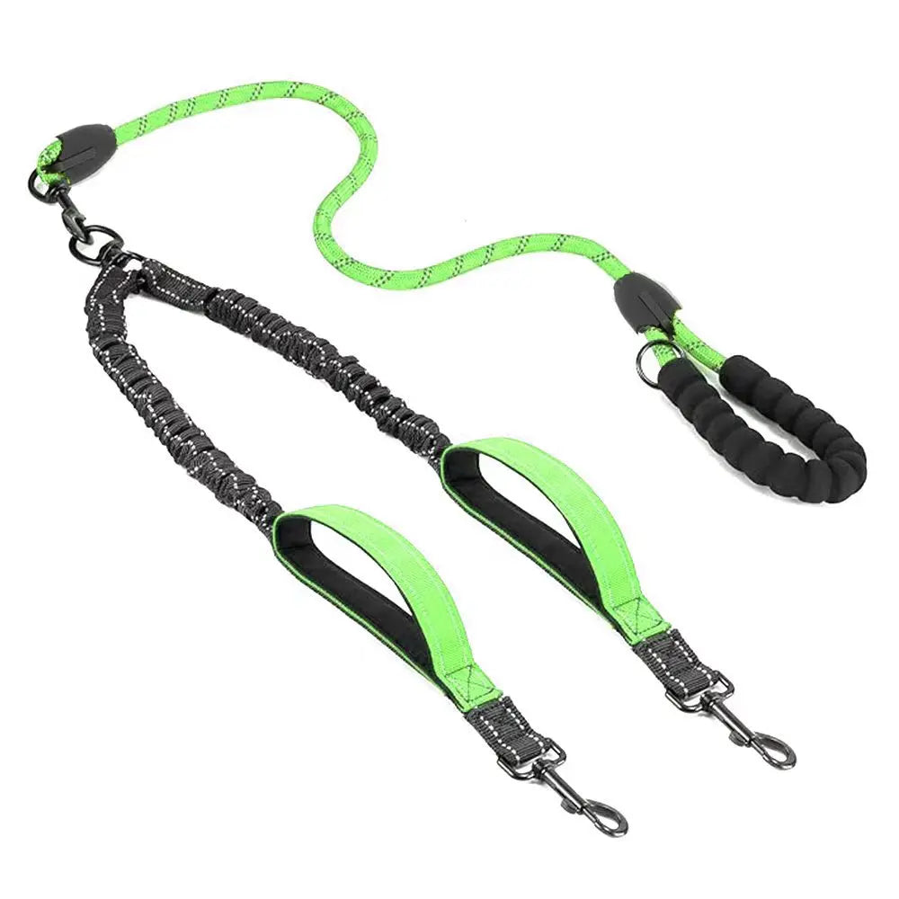 Dual dog leash with padded handle, bright green and black, for walking two dogs