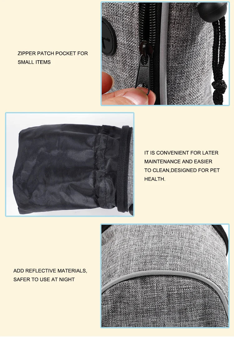 Close-up of gray dog accessory bag with zipper pocket, mesh lining, and reflective trim for safety.