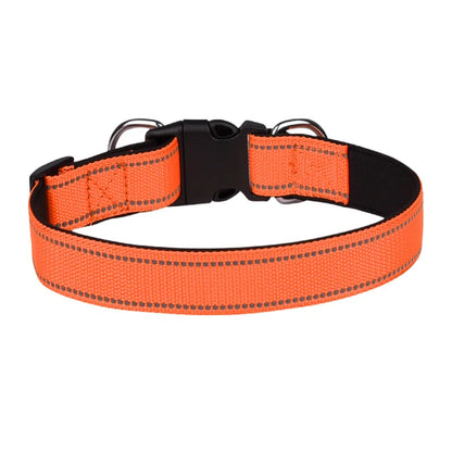 Reflective orange nylon dog collar with black buckle and metal rings