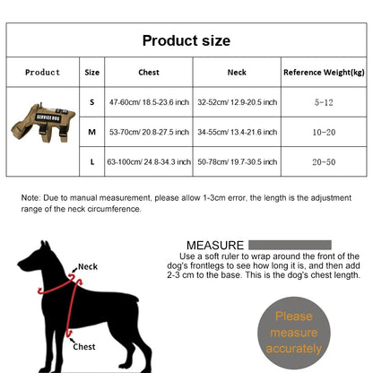 Dog harness size chart with measurements for chest and neck, and illustration for fitting.