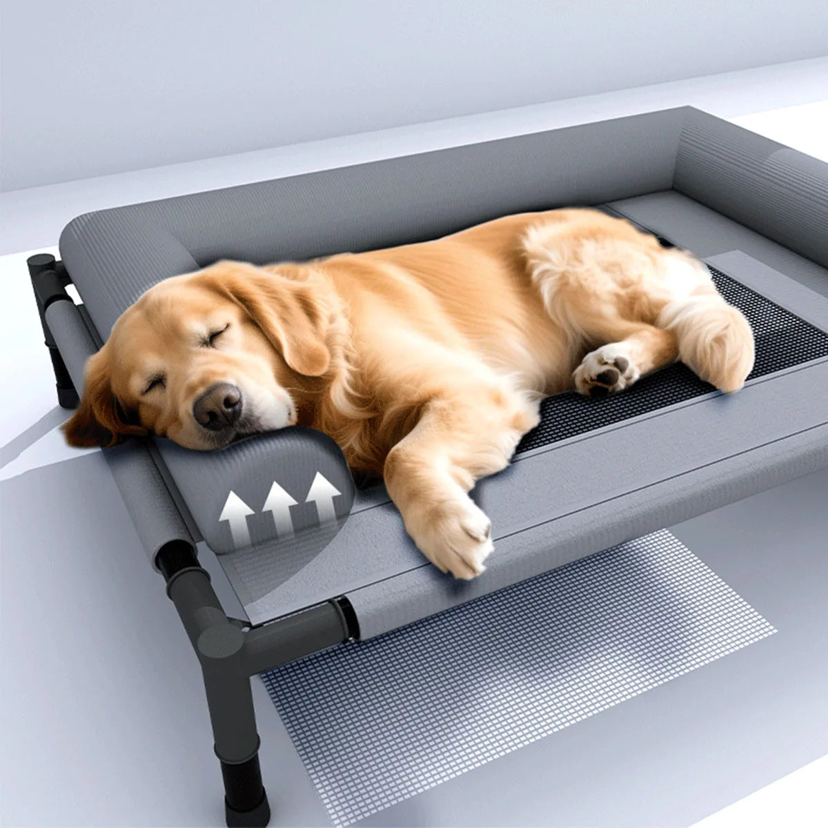 Sleeping dog on elevated cooling dog cot bed with pillow, breathable mesh, washable indoor outdoor pet furniture