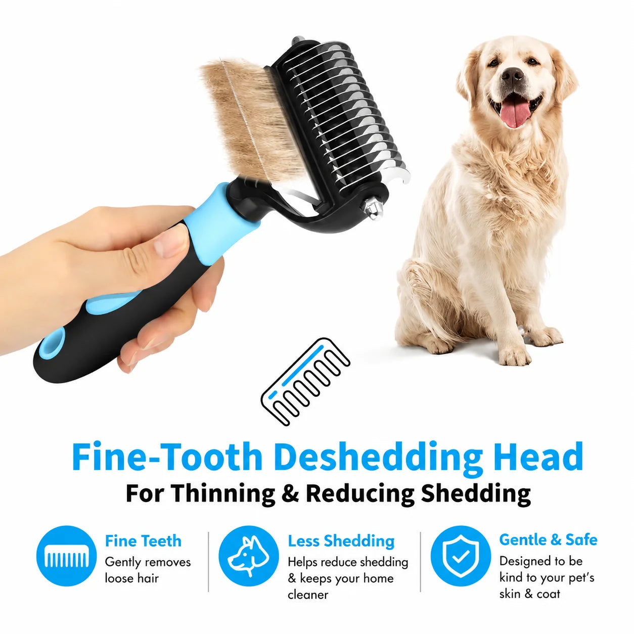 pet deshedding brush with fine-tooth head for dogs, gentle shedding reduction and undercoat grooming