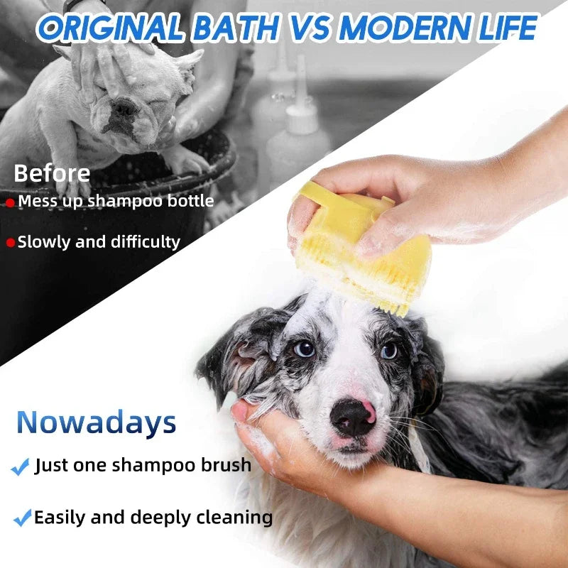 Comparison of traditional dog bathing vs modern method using a silicone dog shampoo brush for easy cleaning.