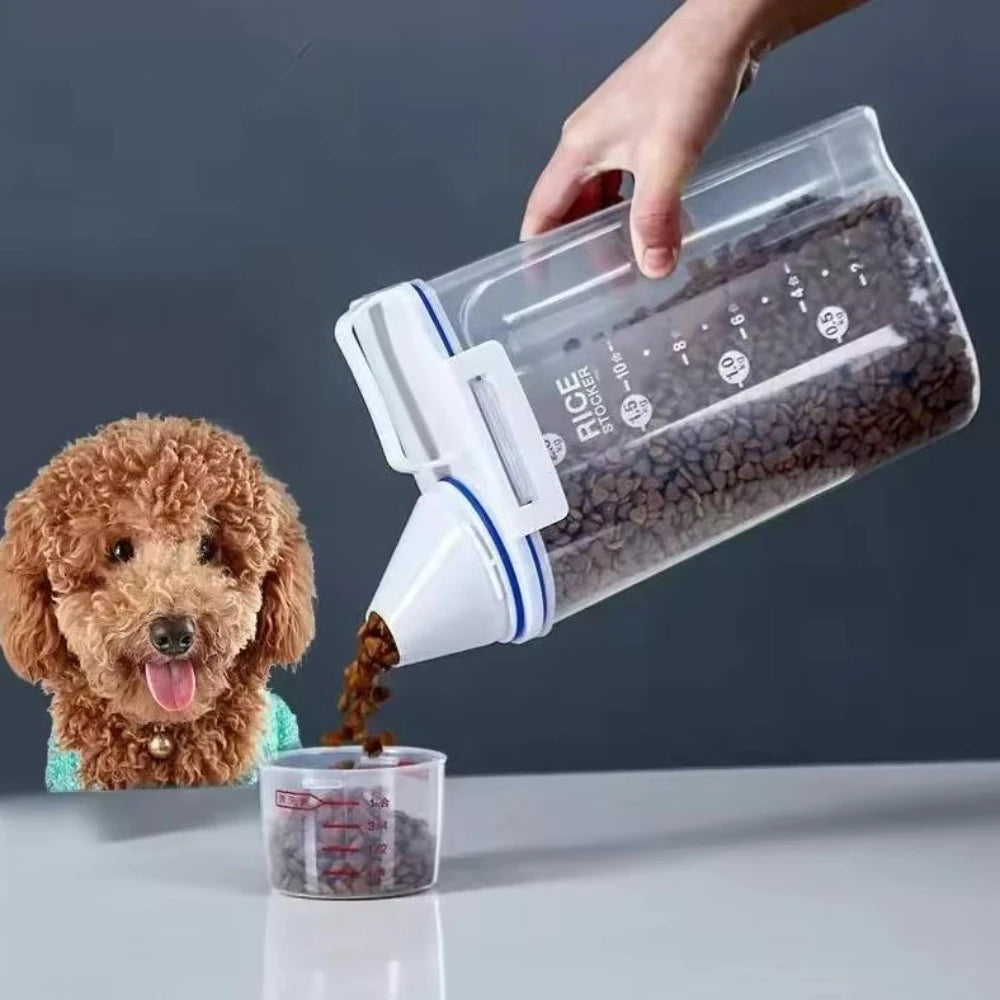Dog Cat Food Storage Container Airtight Moisture Plastic Pail With Measuring Cup Portable Pet Dog Snack Storage Box Pet Supplies