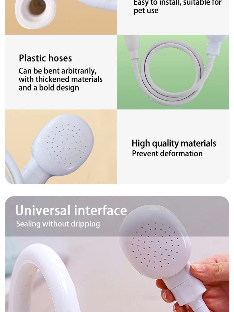 pet bathing shower sprayer with flexible plastic hose, universal interface, and handheld shower head for easy pet cleaning