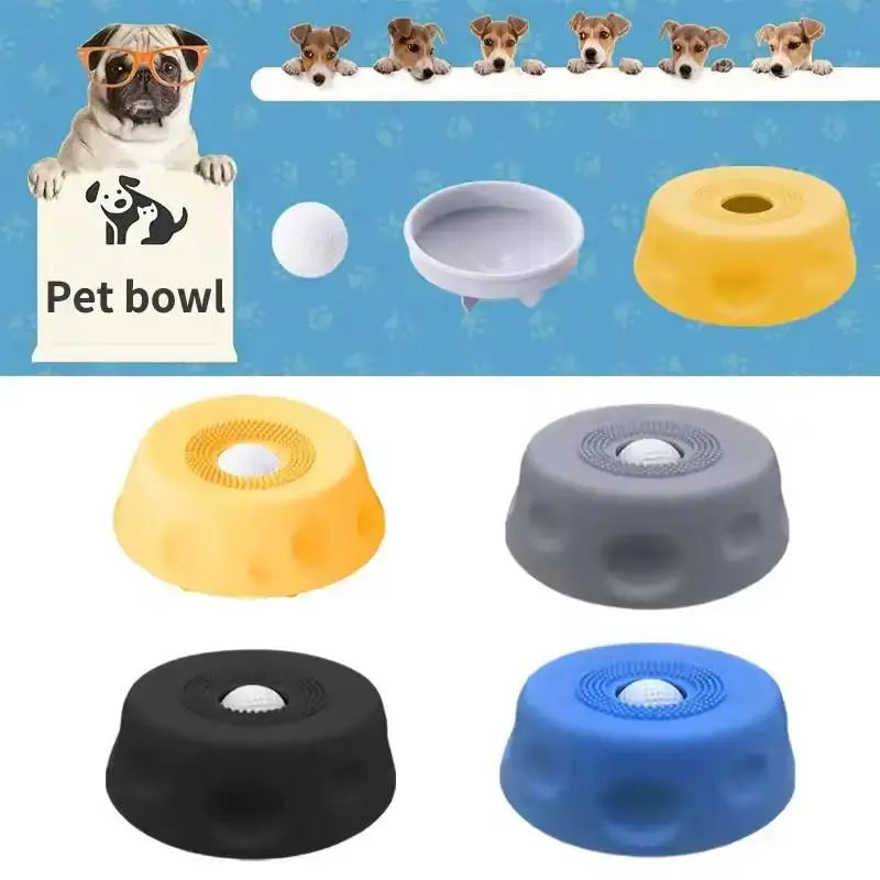 Slow feeder dog bowl anti-overflow pet bowl for healthy eating, ball-shaped design in yellow, gray, black, and blue
