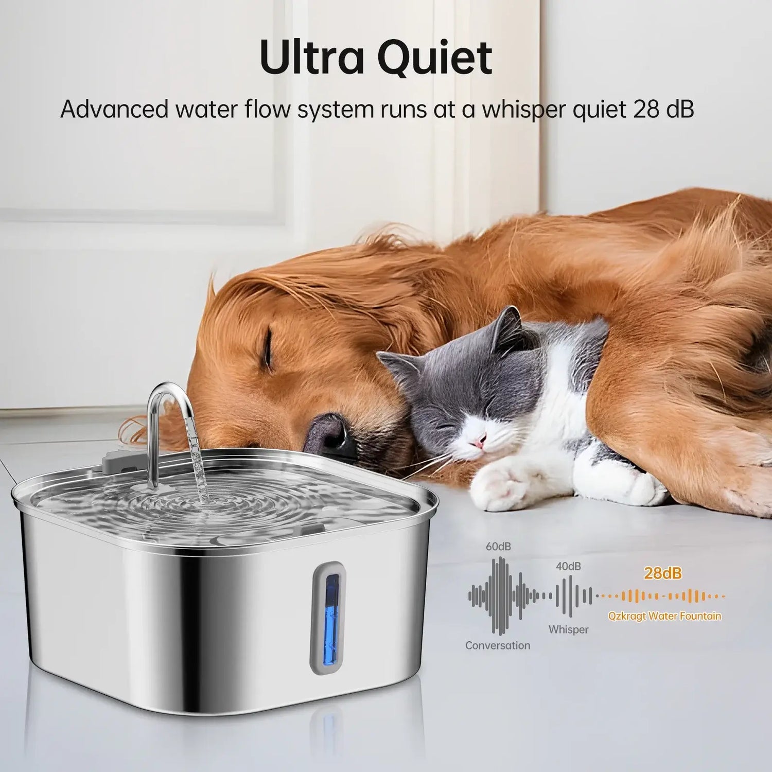 stainless steel dog water fountain, ultra quiet 28dB automatic pet drinker with filter for indoor dogs