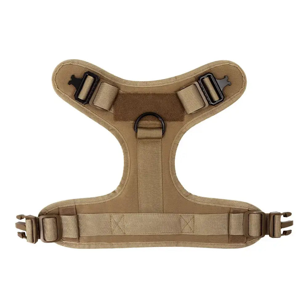 Tactical dog harness with adjustable straps, quick-release buckles, and padded military-style nylon vest for large dogs