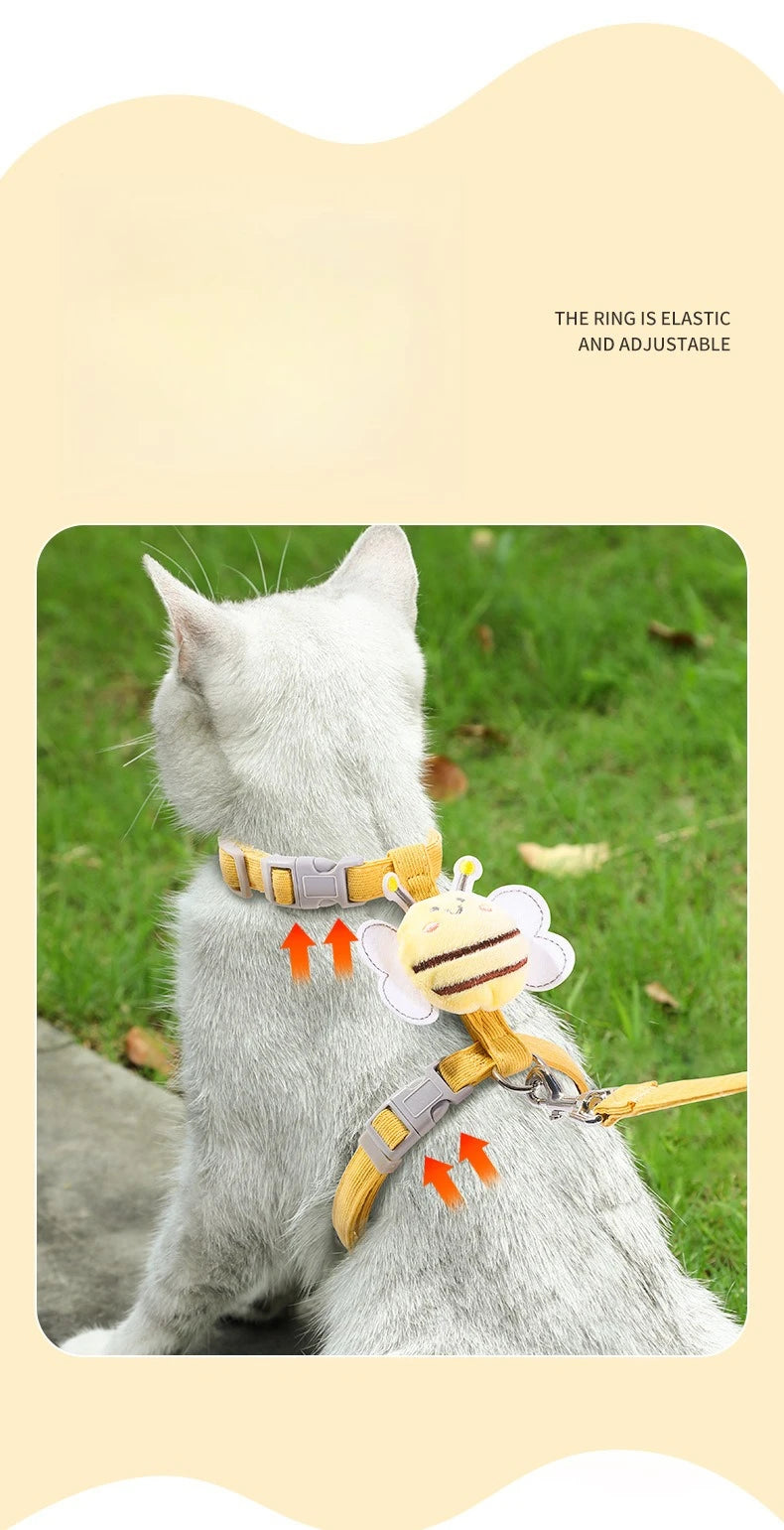 adjustable cat harness and leash set on white cat with bee decoration, elastic adjustable buckle harness for small pets
