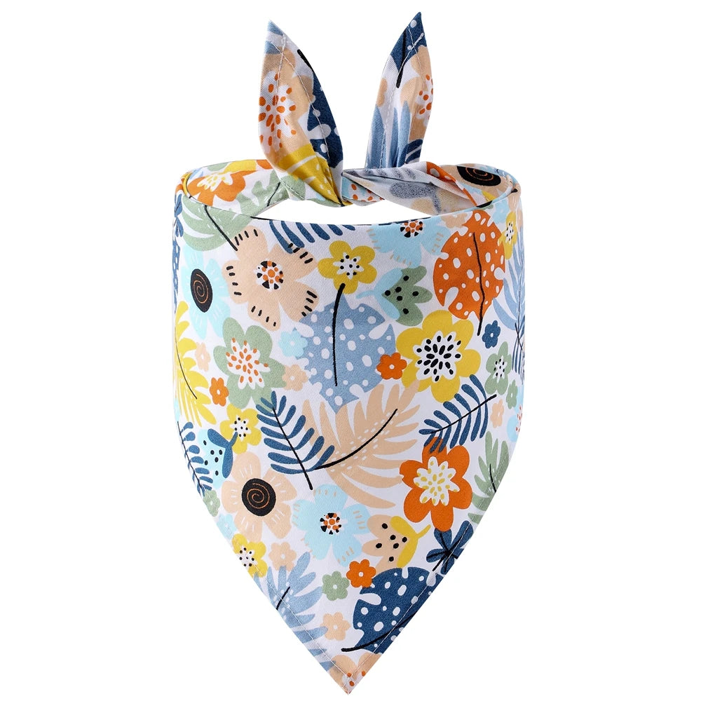 Dog bandana with colorful floral print and bunny ear design, pet accessory