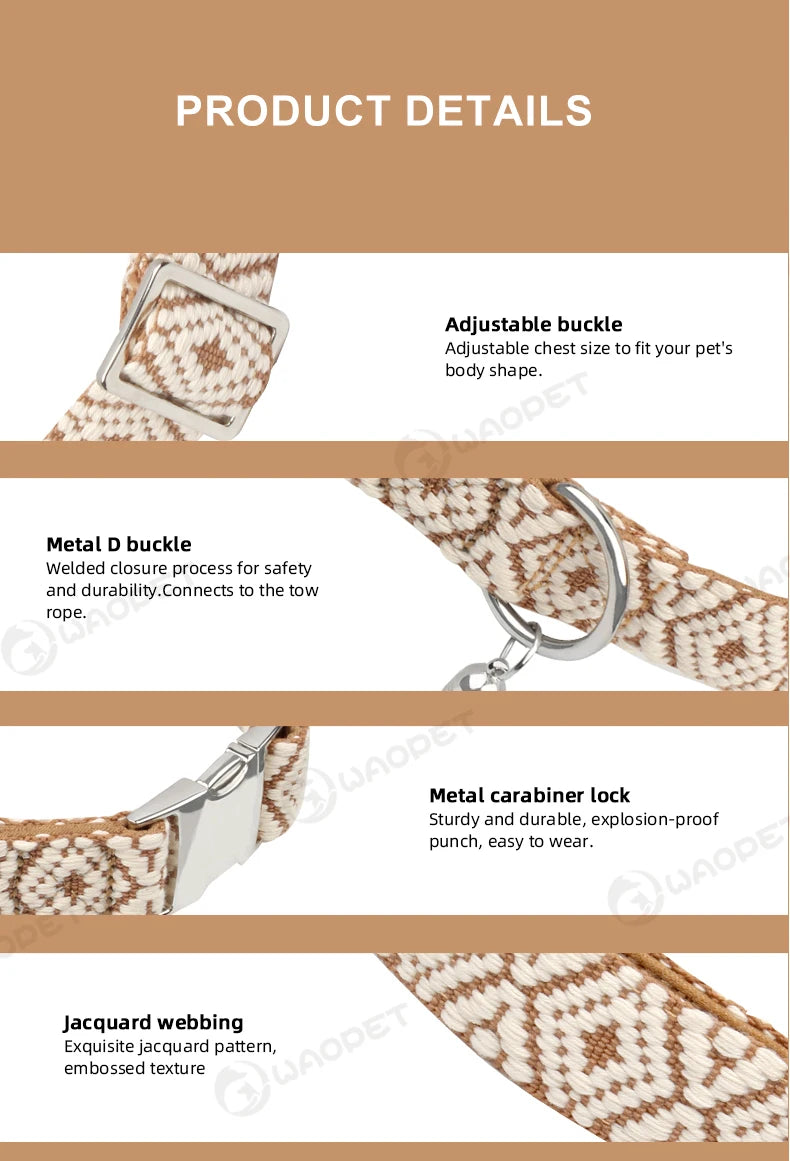 hands free dog leash with adjustable buckle, metal D buckle, carabiner lock, and jacquard webbing for medium and large dogs