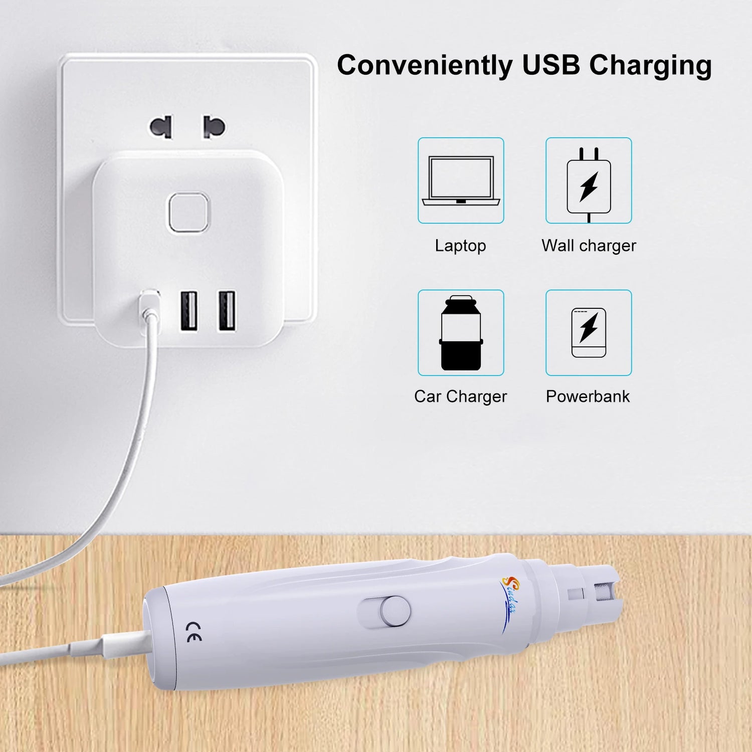 usb rechargeable dog nail grinder showing convenient USB charging from laptop, wall charger, car charger, and powerbank