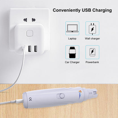 usb rechargeable dog nail grinder showing convenient USB charging from laptop, wall charger, car charger, and powerbank