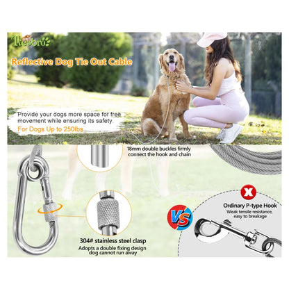 Reflective Dog Tie Out Cable for Dogs Up to 250lbs, featuring stainless steel clasp and secure double buckles.