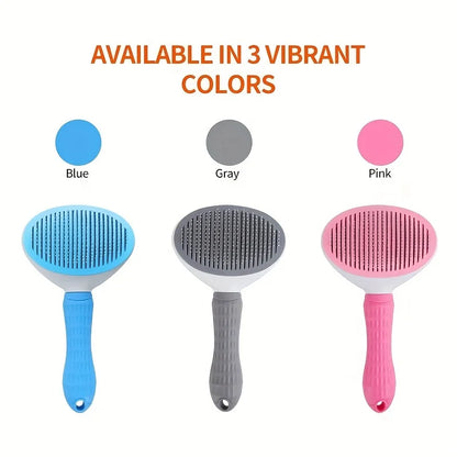 self-cleaning pet hair removal brush in blue, gray, and pink for effortless dog and cat grooming