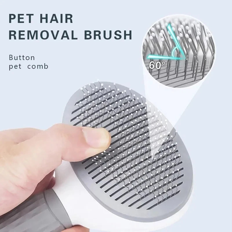 self cleaning pet grooming brush for dogs and cats, pet hair removal brush with 60° bristles and button comb