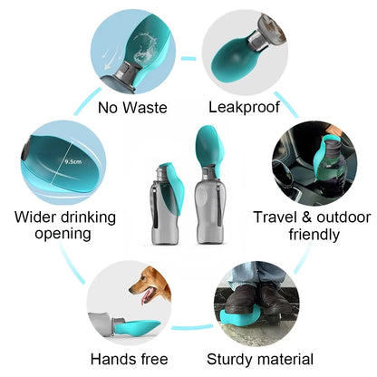 portable dog water bottle with leakproof design, wider drinking opening, hands free use, sturdy material, travel and outdoor friendly