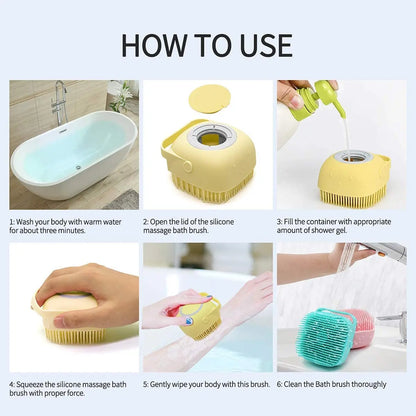 dog shampoo dispenser brush how-to-use infographic showing bath, filling, squeezing, and cleaning steps