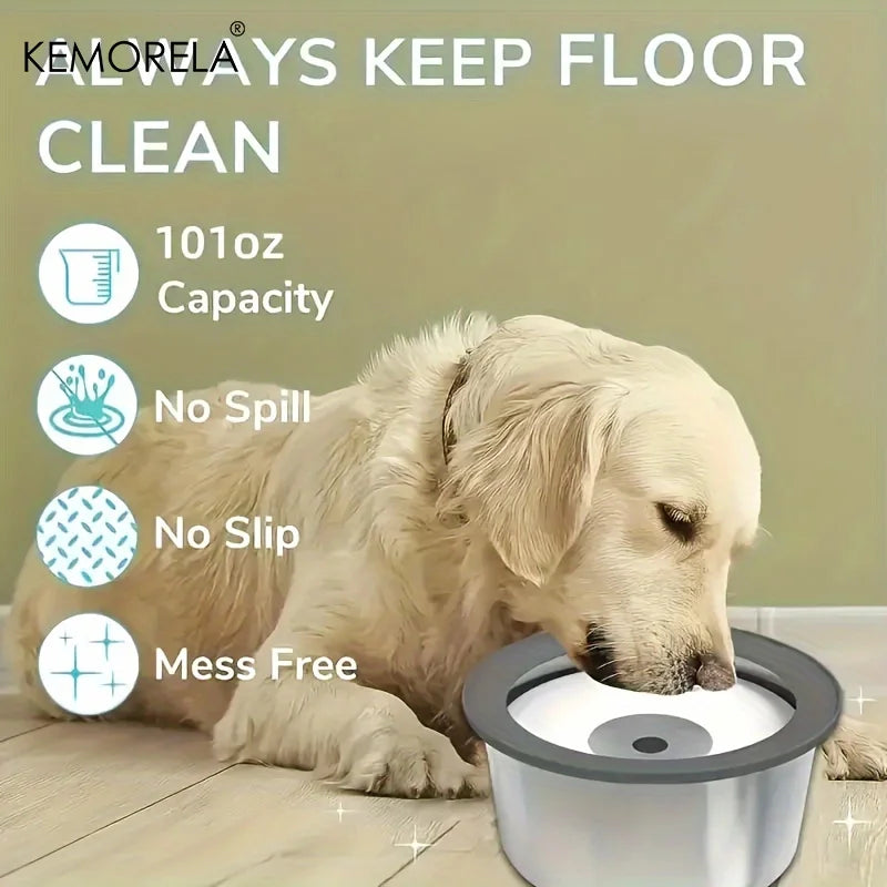 Golden retriever drinking from large no spill, no slip, mess-free dog water bowl indoors.