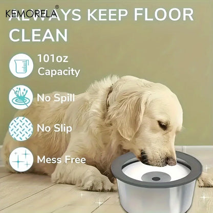 Golden retriever drinking from large no spill, no slip, mess-free dog water bowl indoors.