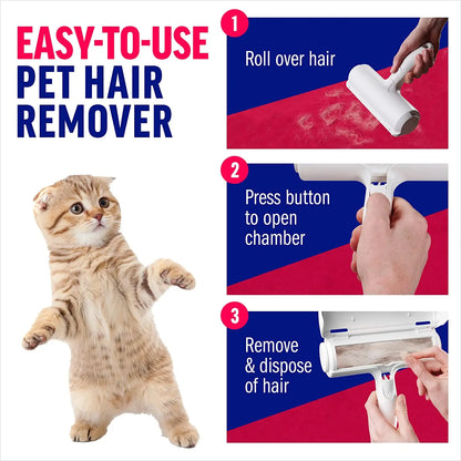 self-cleaning pet hair remover roller for easy fur removal from furniture, showing 3-step use with cat