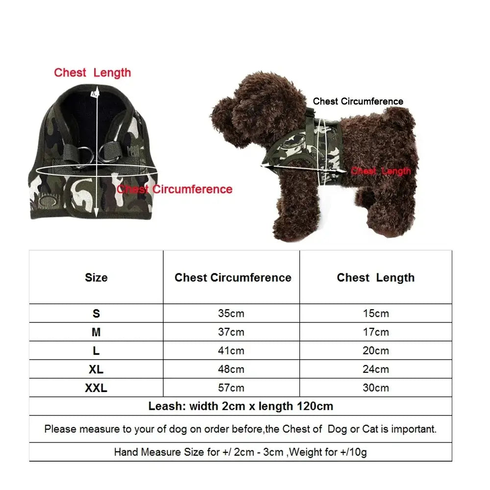 small dog harness leash set army camouflage chest vest for puppies and cats with size chart