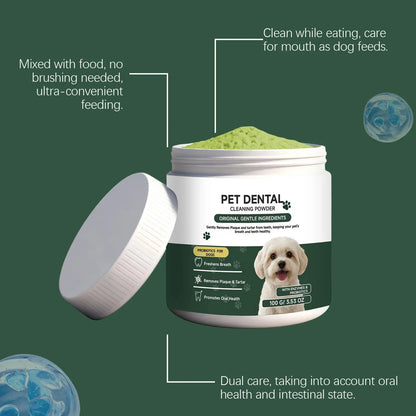 dog teeth cleaning powder, dog dental care powder for fresh breath, plaque and tartar support, mixed with food