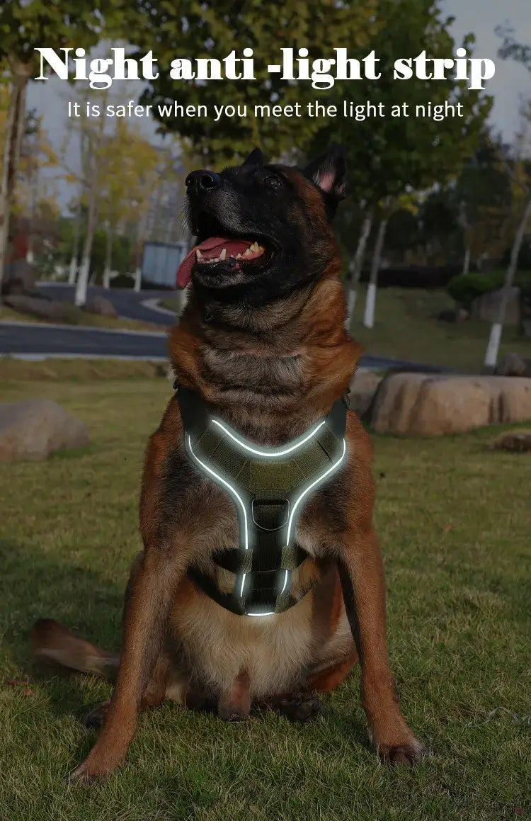 Night reflective tactical dog harness with anti-light strip for safe nighttime walks