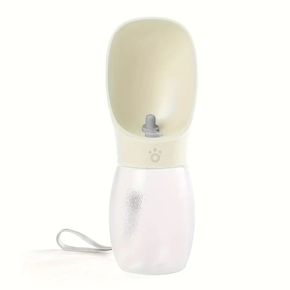 Light beige portable dog water bottle with built-in drinking bowl for outdoor use, universal pet water container