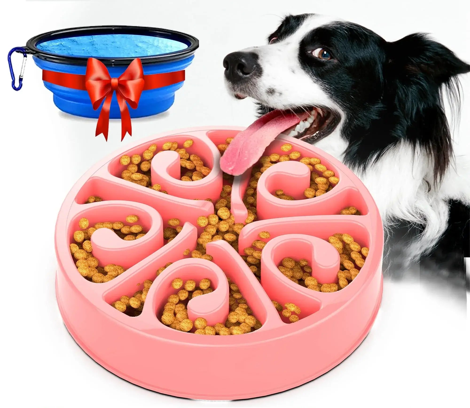 Pink slow feeder dog bowl with spiral design and dog eating kibble, non-slip anti-gulping bowl for dogs and puppies