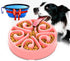 Pink slow feeder dog bowl with spiral design and dog eating kibble, non-slip anti-gulping bowl for dogs and puppies