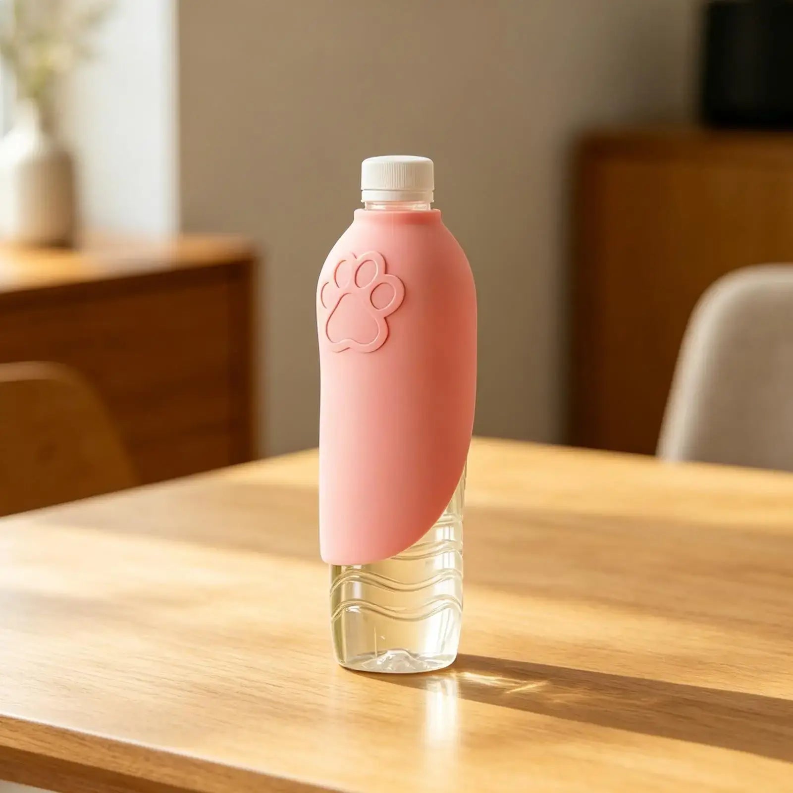 Portable dog water bottle with foldable pink sleeve for outdoor pet hydration and easy travel