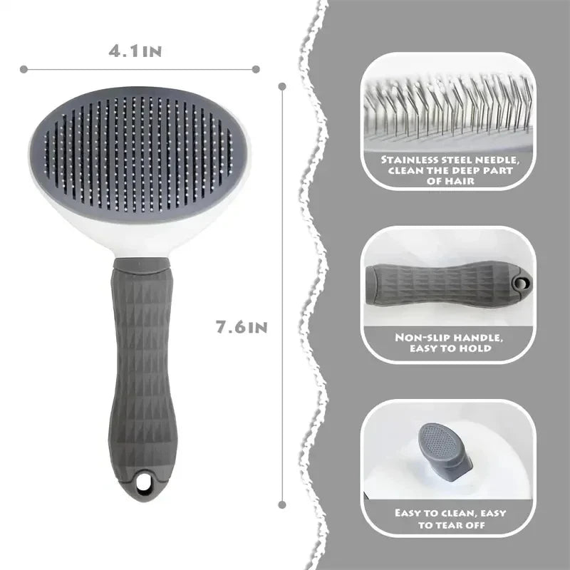 Self cleaning pet hair remover brush for dogs and cats with stainless steel needles and non-slip handle
