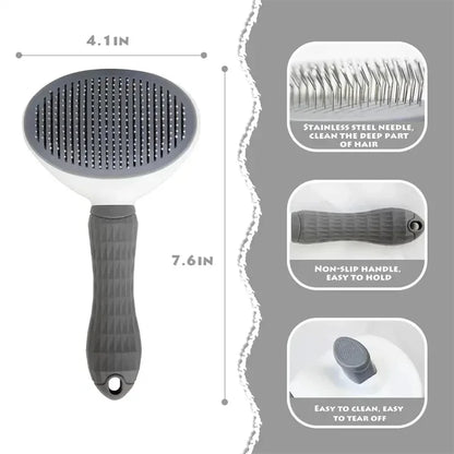 Self cleaning pet hair remover brush for dogs and cats with stainless steel needles and non-slip handle