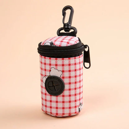 Red plaid dog waste bag dispenser with zipper and clip, bear print design