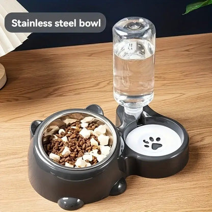 Automatic pet feeder and water dispenser, grey slanted-mouth cat and dog bowl with stainless steel bowl, no power needed