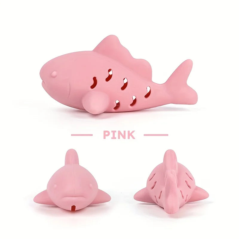 Pink interactive chew toy for small pets shaped like a fish, durable bite-resistant silicone toy for chewing and food hiding