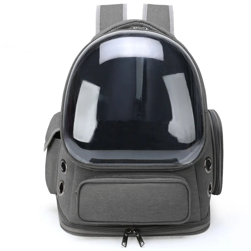Grey cat carrier backpack with transparent front bubble, breathable zipper pet travel bag for cats and small dogs