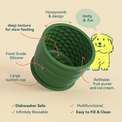 silicone slow feeder dog bowl with honeycomb design, anti-slip suction cup, deep texture, and dishwasher-safe reusable food-grade silicone
