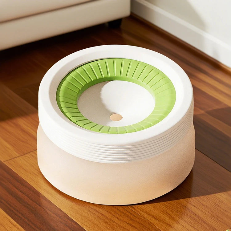 Modern dog water bowl with a green splash guard on a hardwood floor in a bright room
