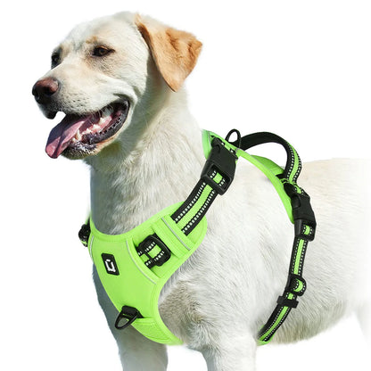 No Pull Dog Harness, Adjustable Soft Padded Pet Vest with Easy Control Handle on a happy dog