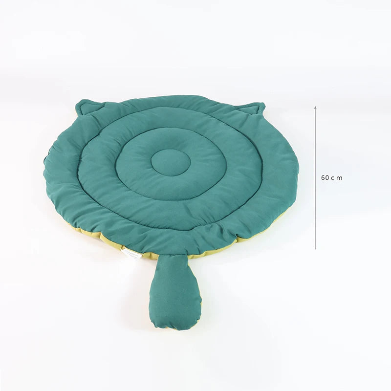 Washable cat dog bed mat, round teal pet cushion with tail design, soft breathable sleeping pad for cats and dogs