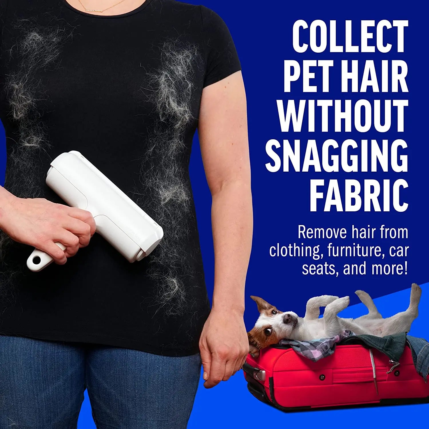 self-cleaning pet hair remover roller removes pet hair from clothing and fabric without snagging