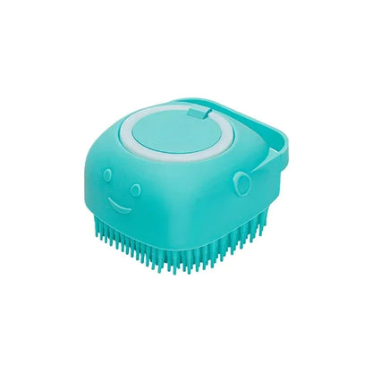 Pink dog bathing brush with shampoo dispenser, rubber bristle pet massage shower grooming tool for dogs and cats