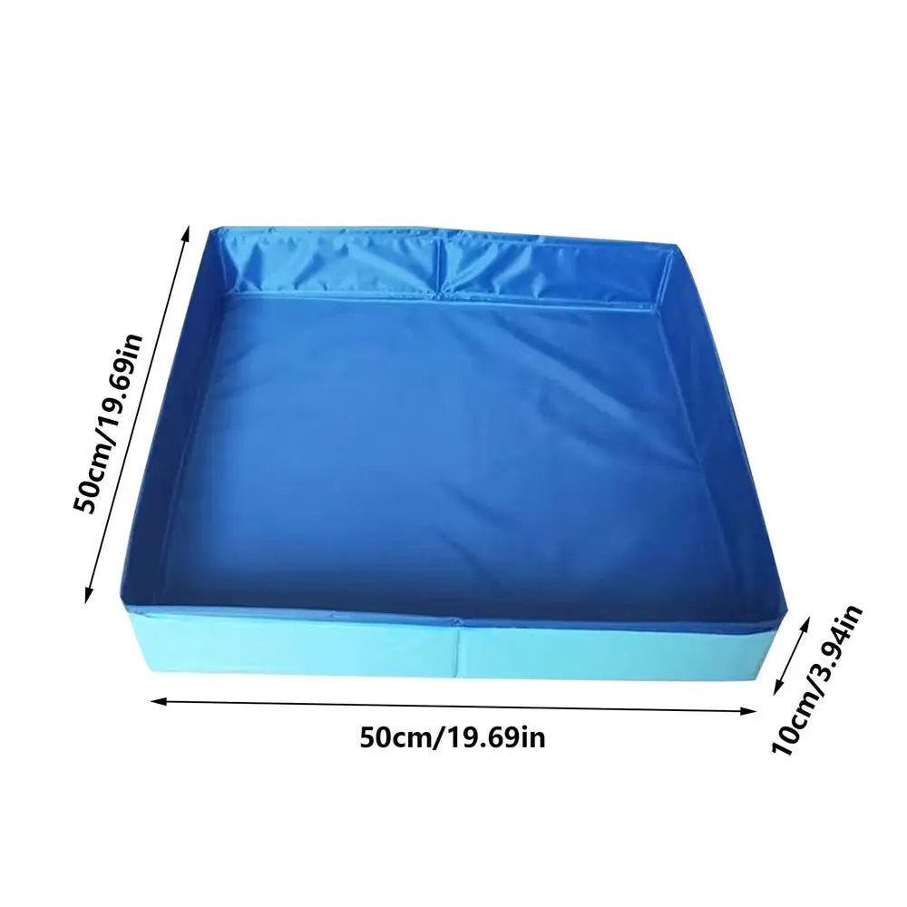 Blue foldable dog pool with raised sides, sized 50x50x10cm, pet accessory.