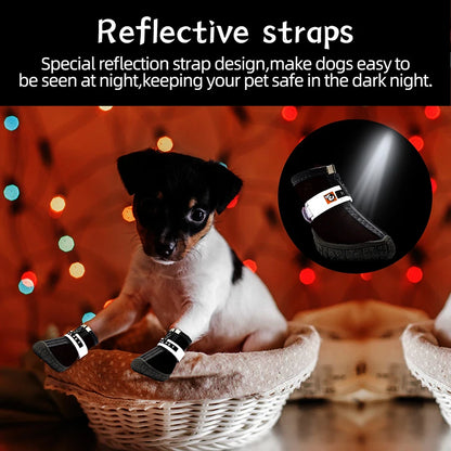 Dog Shoes Non-Slip Soles Thick Plush Protection Paw Pet Shoes Warm For Dog Non-Slip Dog Shoes Breathable Climbing Pets Booties on a puppy.