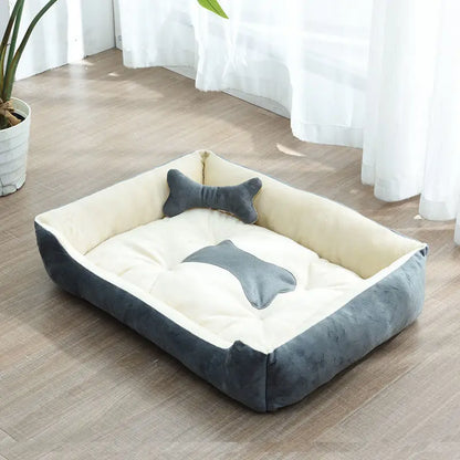 all-season pet bed house soft light gray dog kennel with bone print, washable cotton sleeping pad for small to large pets