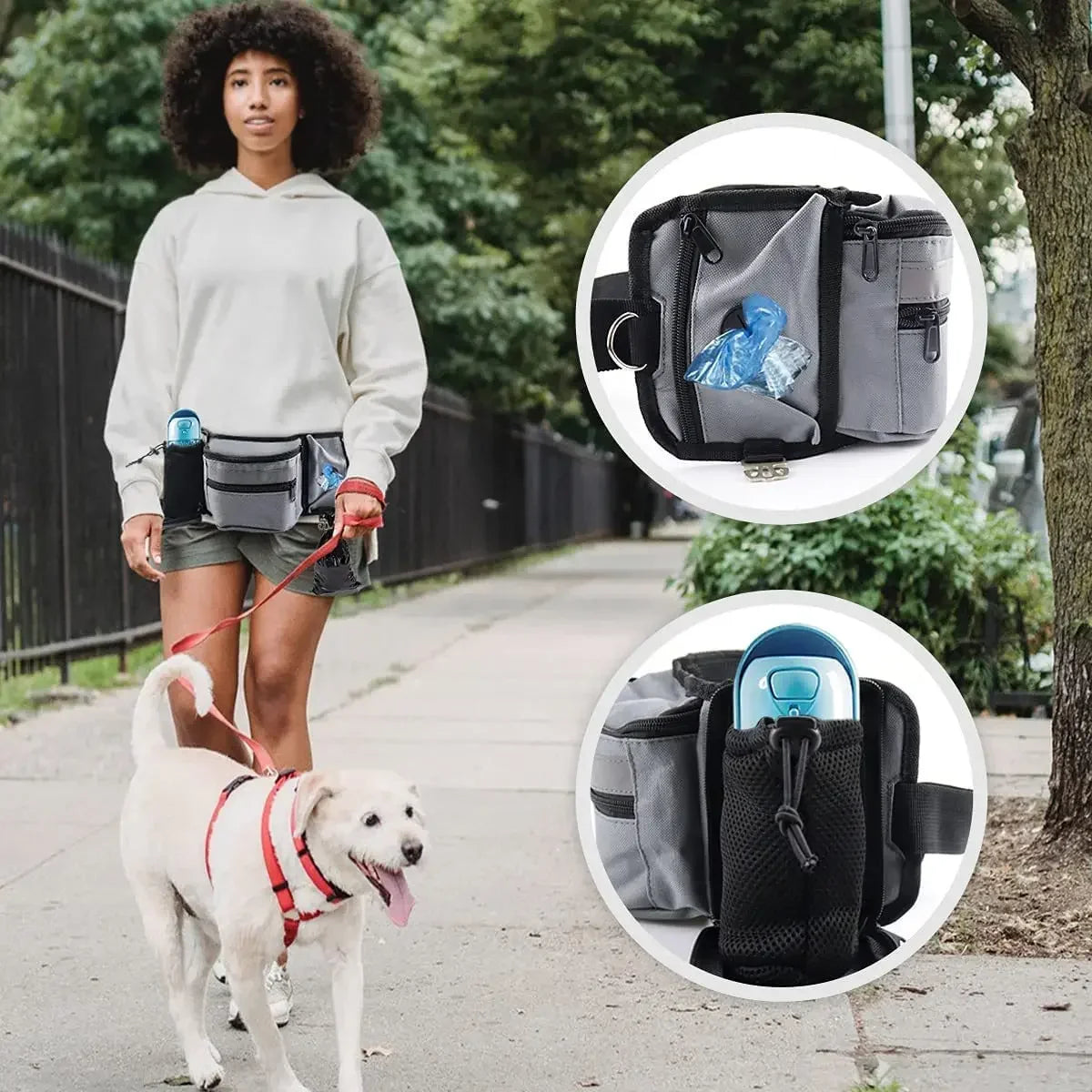 Woman walking dog using hands-free dog walking bag with treat pouch and accessory pockets