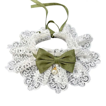 Lace dog collar with green satin bow and pearl charm, pet accessories for dogs
